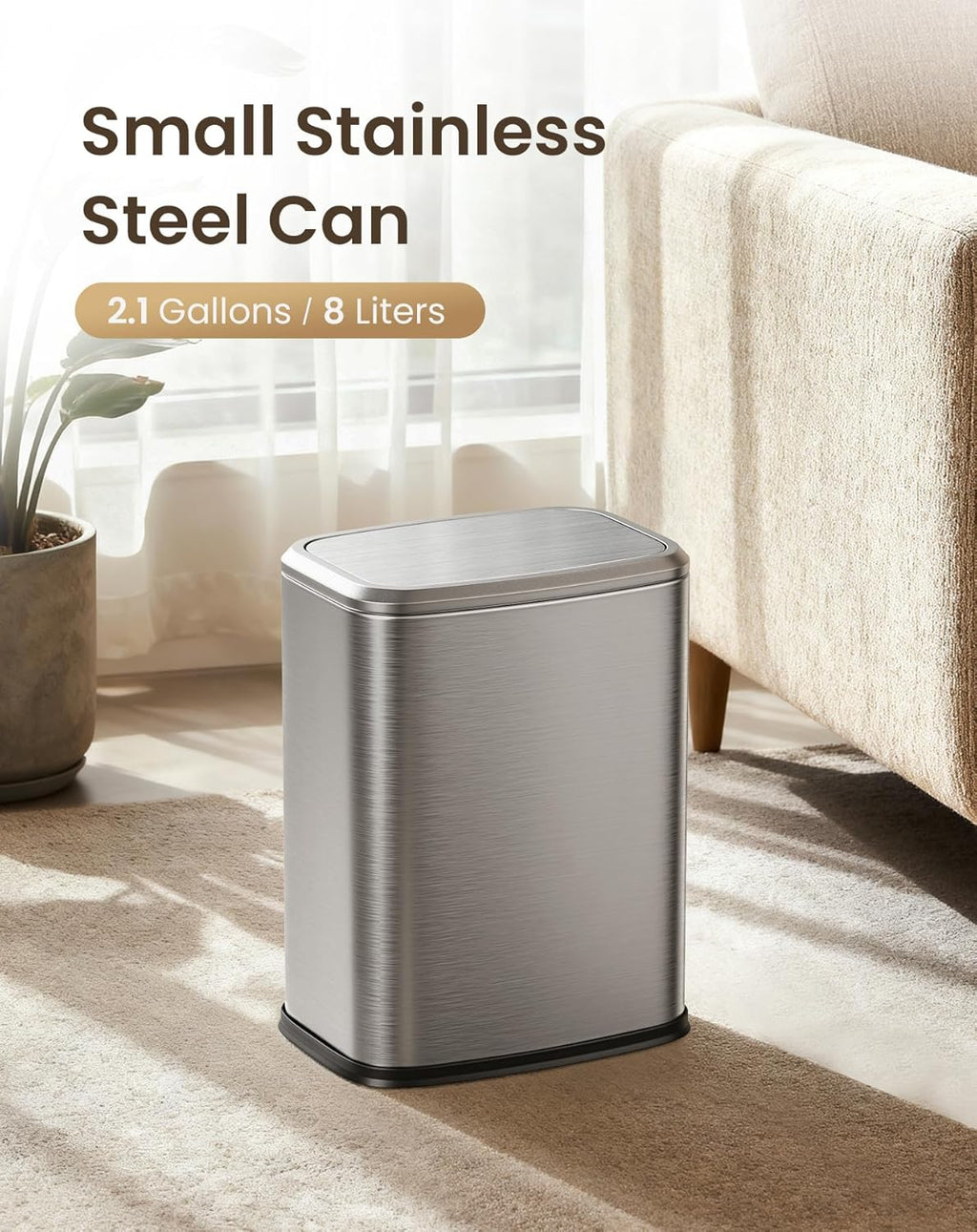 Cesun Small Bathroom Trash Can with Swing Lid, 2.1 Gallons, Silver