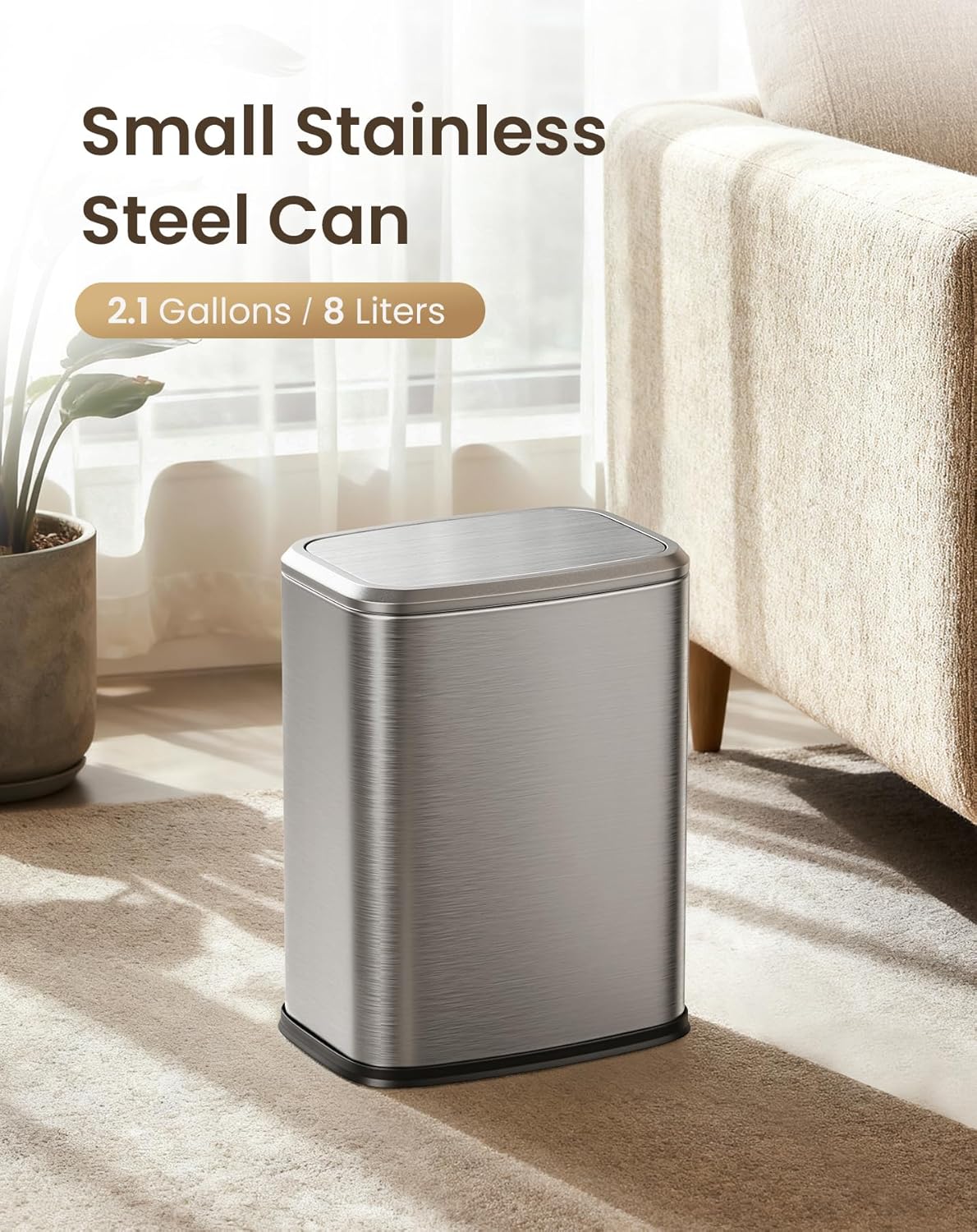 Cesun Small Bathroom Trash Can with Swing Lid, 2.1 Gallons, Silver