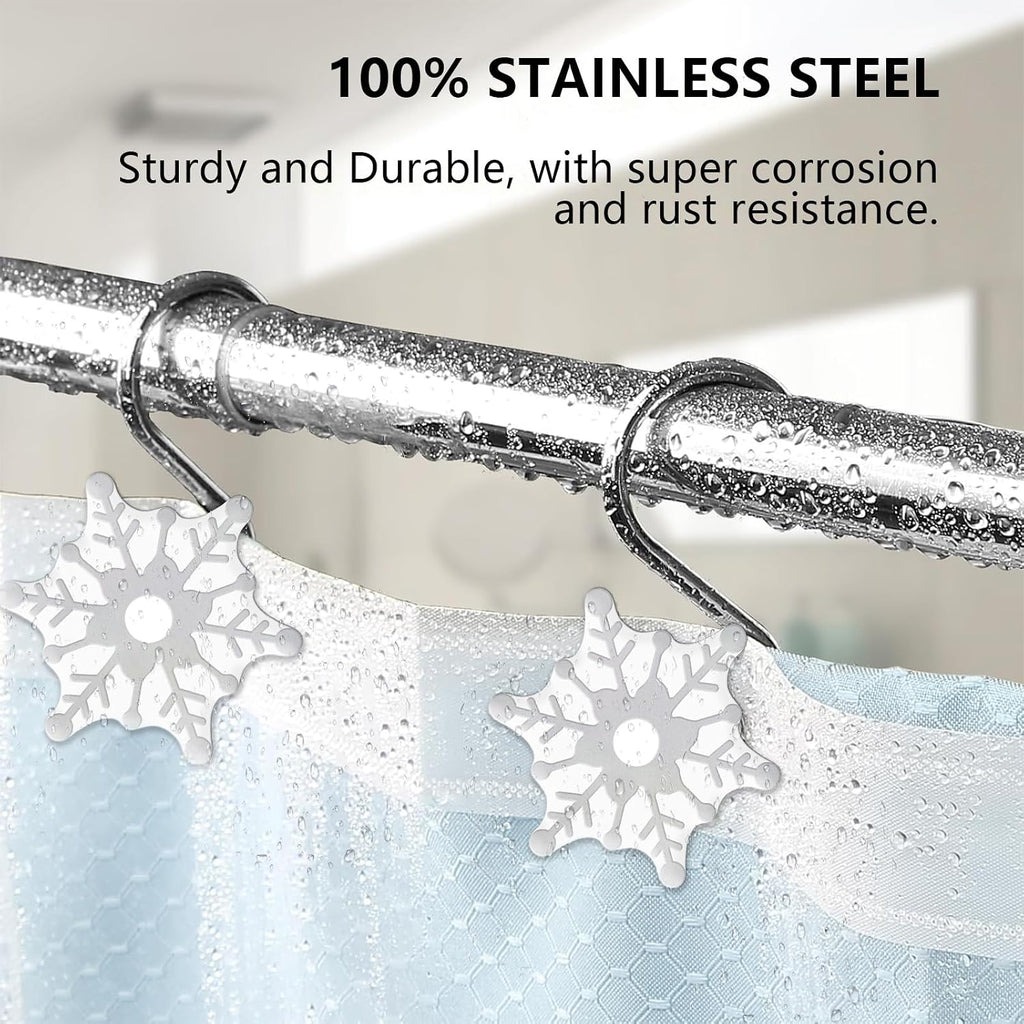 12pcs Christmas Snowflake Shower Curtain Hooks for Winter Snowman Snow Themed Shower Curtains Bathroom Decorations, Silver Rustproof Resin Country Farmhouse Xmas Theme Bathroom Decor Accessories Set