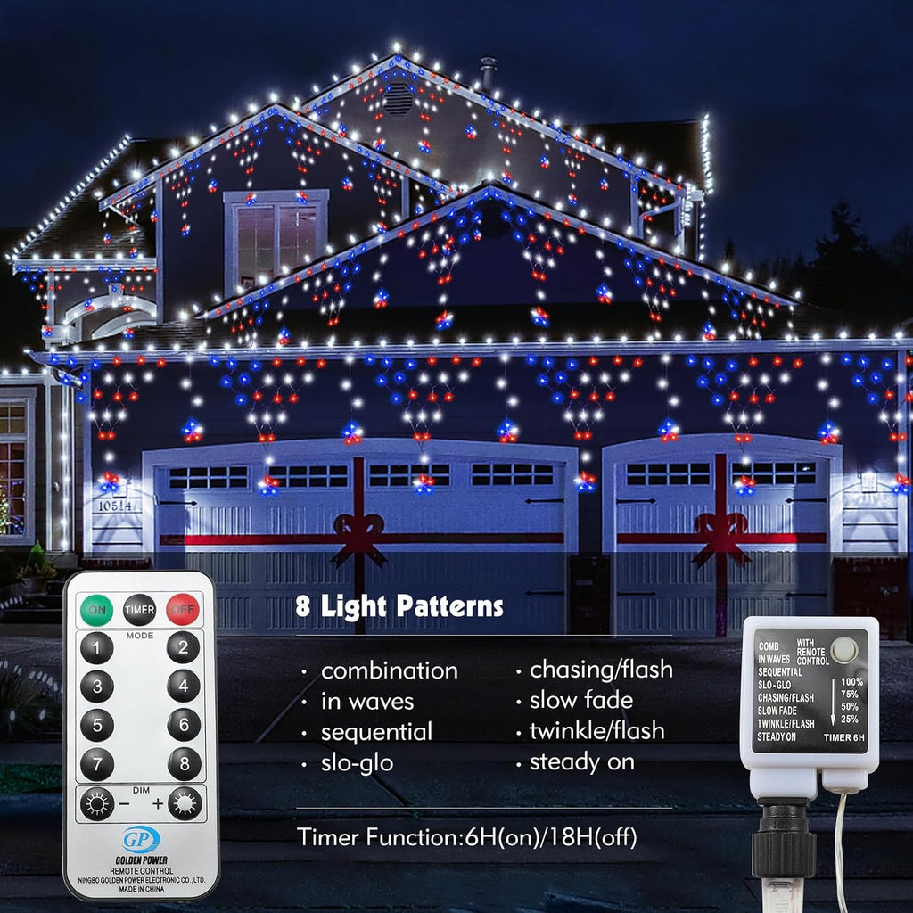 DANLI 4th of July Lights 13.8ft 200 LED Red White Blue Net Lights with 12 Stars,8 Modes Curtain Lights with Remote Timer,Dimmable & Waterproof for Outdoor Decorations Balcony Porch Fence Window