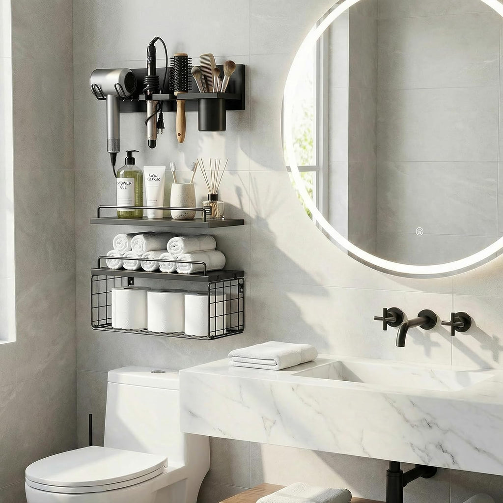 3-Tier Bathroom Floating Shelves with Hair Dryer Holder, Black