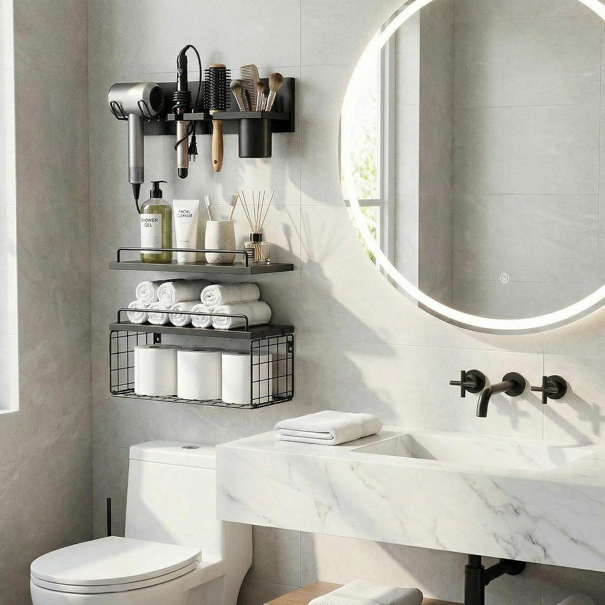3-Tier Bathroom Floating Shelves with Hair Dryer Holder, Black