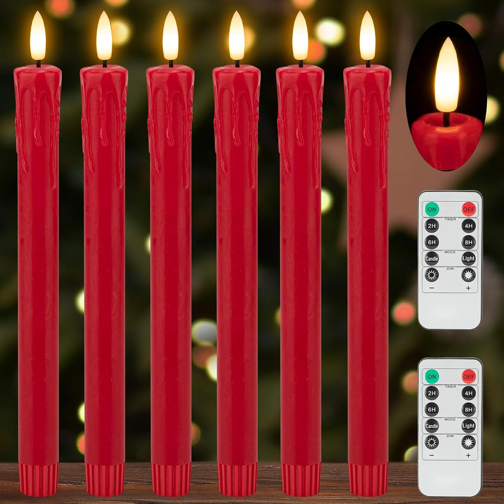 JOIONE Red Flameless Taper Candles with Remote, 6 Pack Dripping Wax