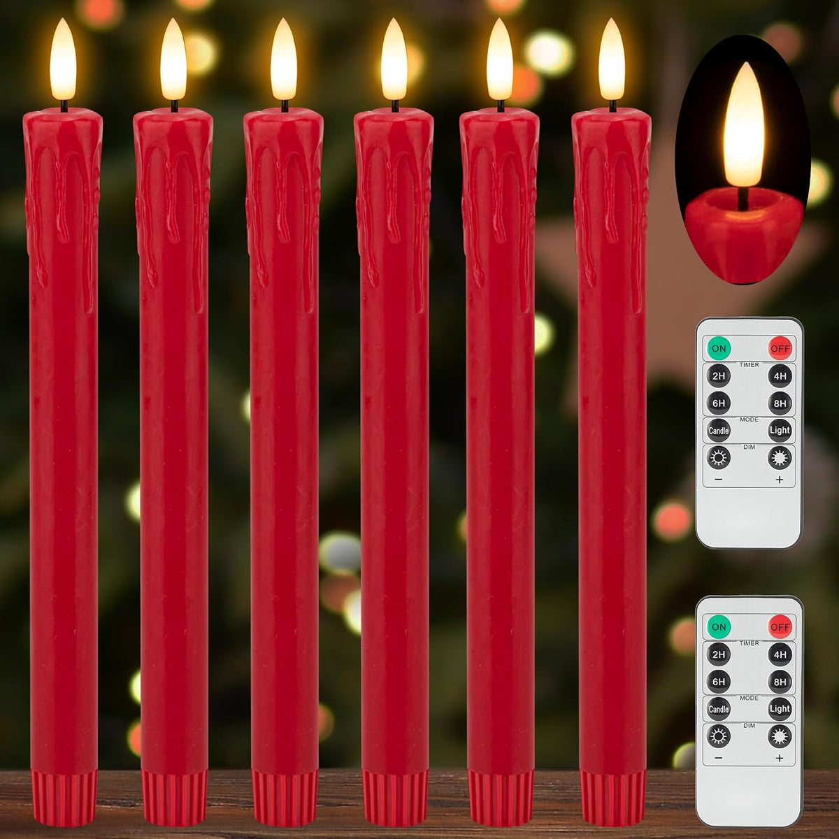 JOIONE Red Flameless Taper Candles with Remote, 6 Pack Dripping Wax