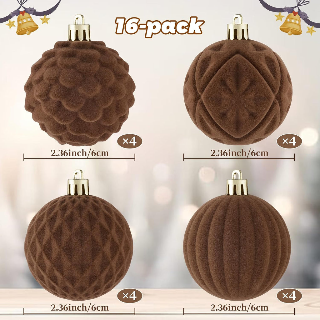 BLEUM CADE 16Pcs Brown Velvet Shatterproof Christmas Ball Ornaments