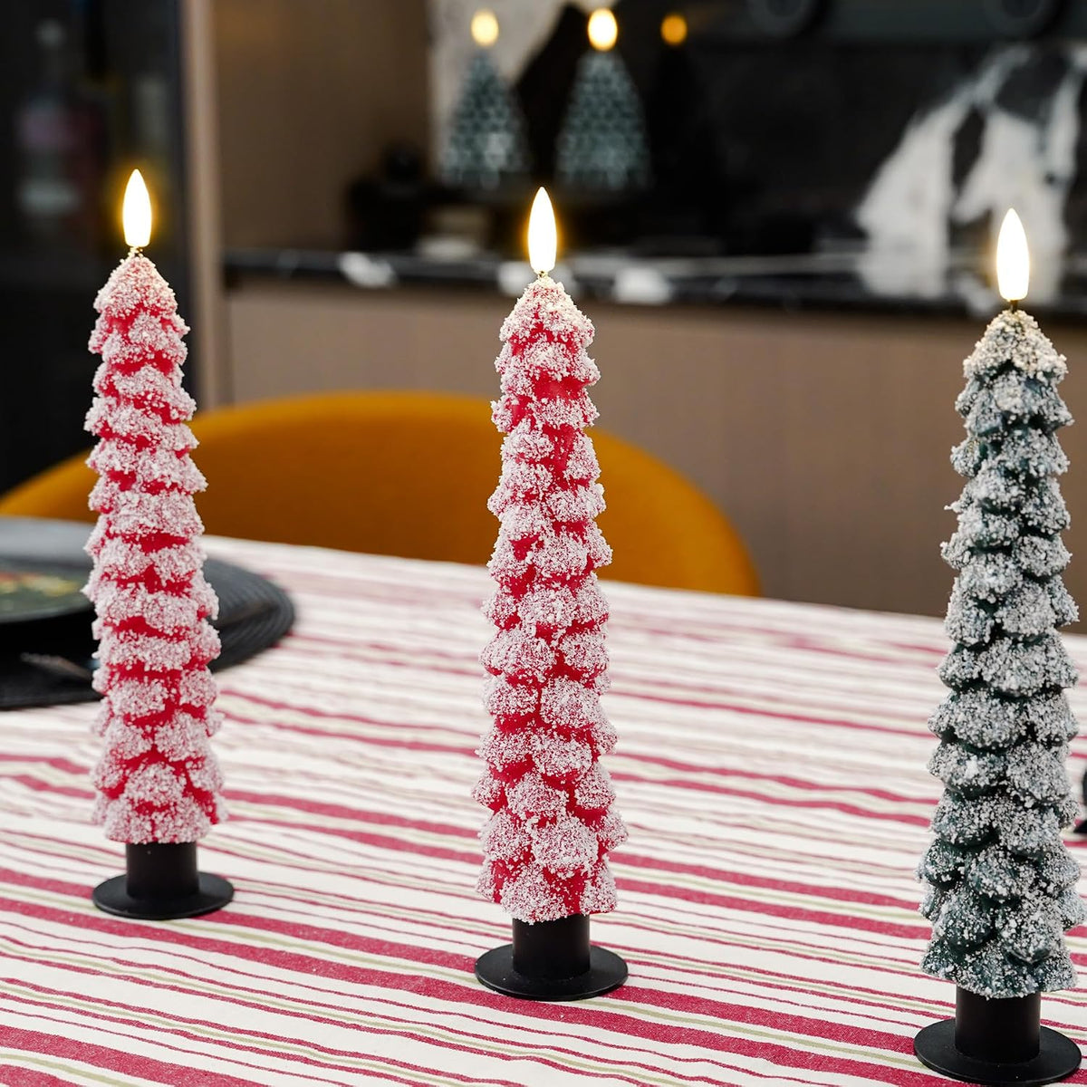 Fanna Red Christmas Tree Candles with Remote Realistic Snow Covered, Flameless LED Taper Candles in Real Wax with Timer for Winter and Christmas - H 9.8" - Set of 2