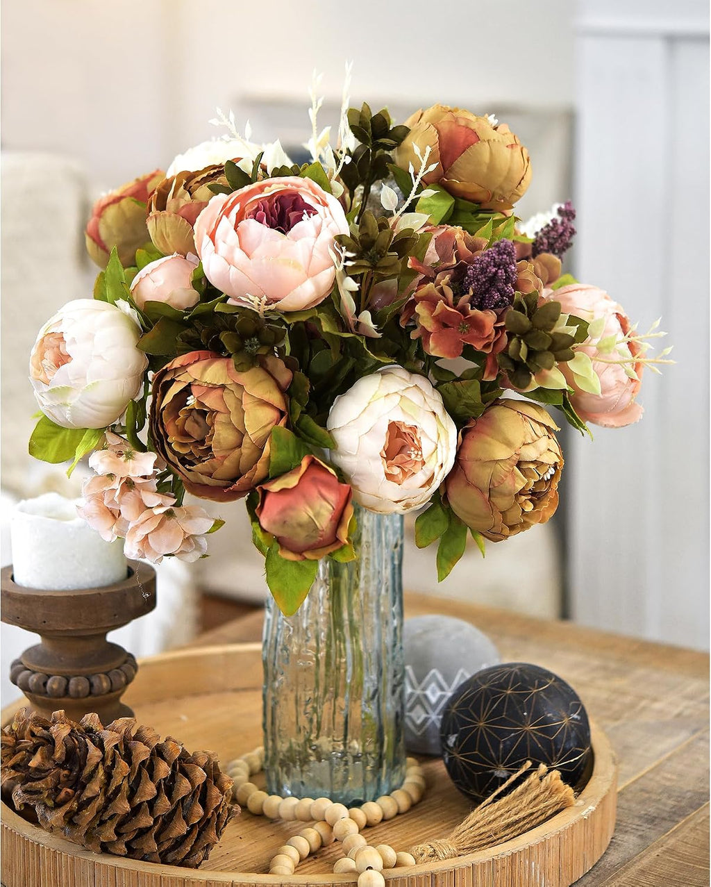 FiveSeasonStuff Mixed Pale Pink & Tawny Brown Artificial Peony Set of 2