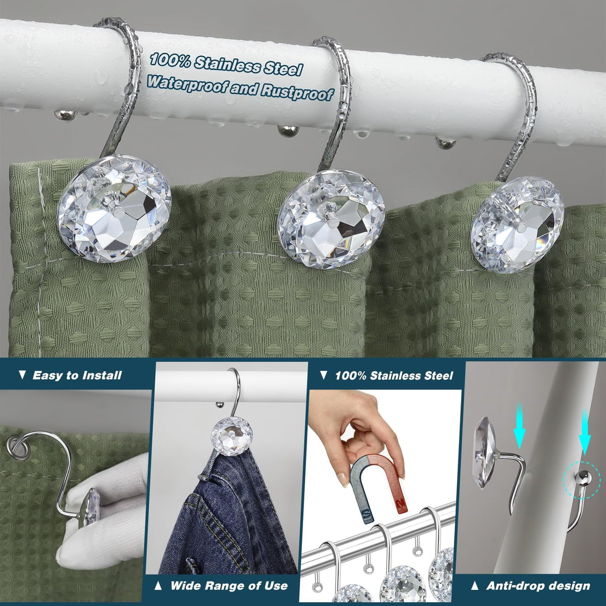 12PCS Stainless Steel Shower Curtain Hooks Rings for Bathroom, RustProof Metal Crystal Rhinestones Bling Shower Curtain Rings Hangers for Shower Curtains Decorative, Round Heavy Duty Hooks (Aqua Blue)