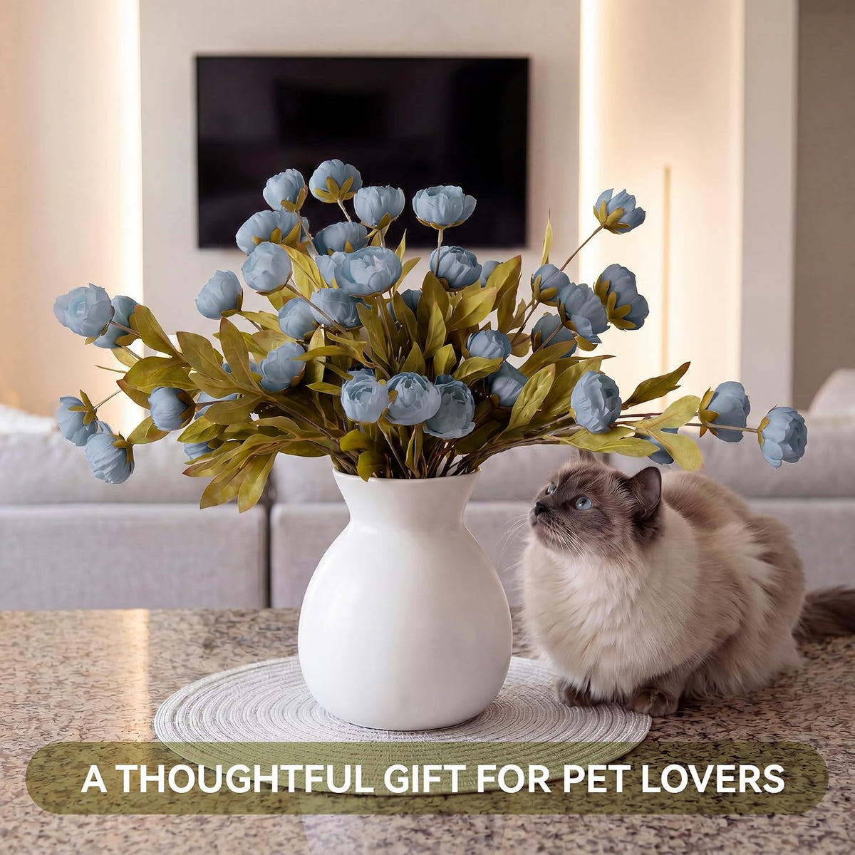 Pinkpum 6 Pcs Faux Silk Peony Artificial Flowers for Vase Decor Blue