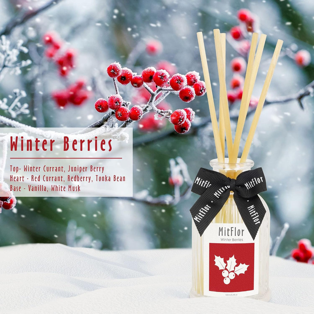 Reed Diffuser, MitFlor Winter Berries Fragrance Diffuser Set with Natural Rattan Sticks, Holiday Scent Oil Diffuser for Bedroom, Bathroom and Home Décor, 3.4 fl oz