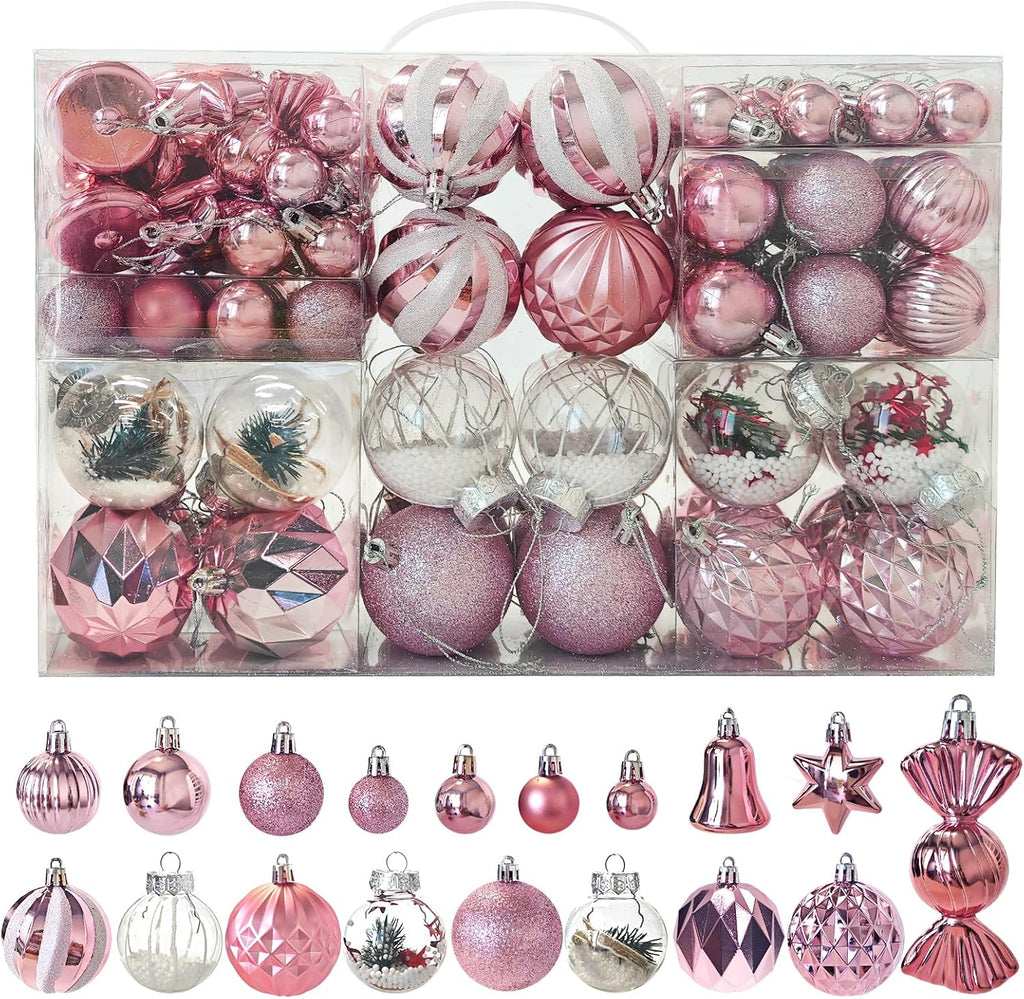 111-Pack Christmas Balls Ornaments,Assorted Shatterproof Pink Christmas Ornaments Set, Luxurious Hanging Pendants Package for Tree Party Holiday Indoor Decor