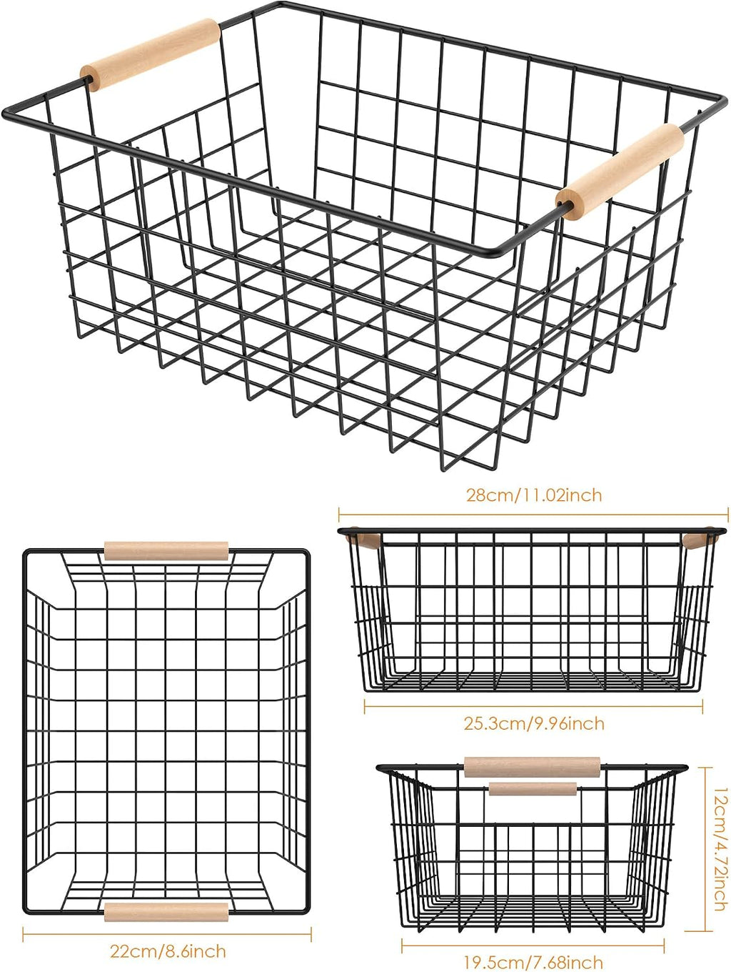 Wire Basket with Wooden Handle, Metal Utility Storage Basket for Organizing Kitchen Pantry Cabinets, Closet and Garage Shelves Drawers, Office Metal Basket Storage Organizer with Handle (Black 4 Pack)
