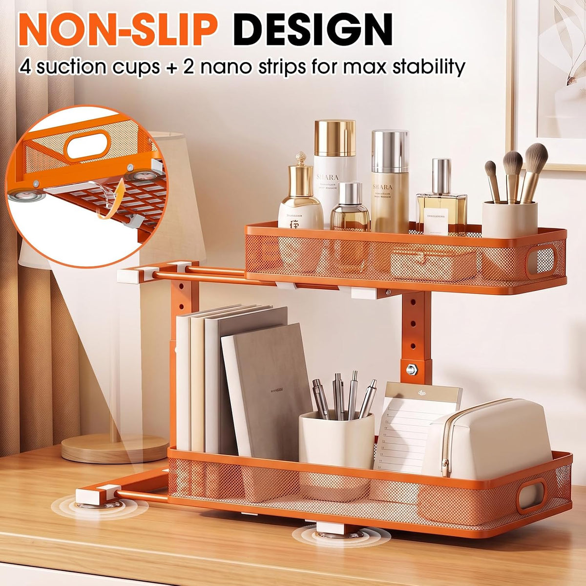 Under Sink Organizer 4-Pack, Metal 2-Tier Pull-Out Cabinet Shelf with Slide-Out Mesh Drawers, Height Adjustable, Space-Saving Under Sink Storage Racks for Kitchen, Bathroom, Laundry Room, Orange