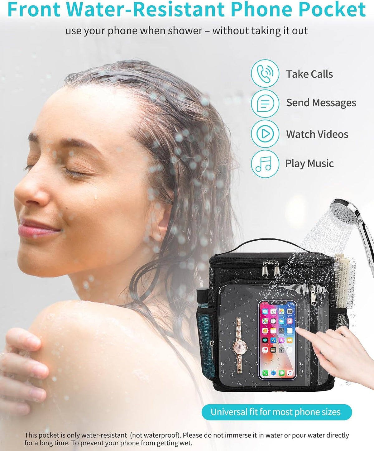 CUBETASTIC Hanging Shower Caddy Portable Bag - Quick Dry Shower Tote for Dorm College Essentials, Water-Resistant Travel Toiletry Bag with Separate Compartment & Multiple Pockets (Black, M)