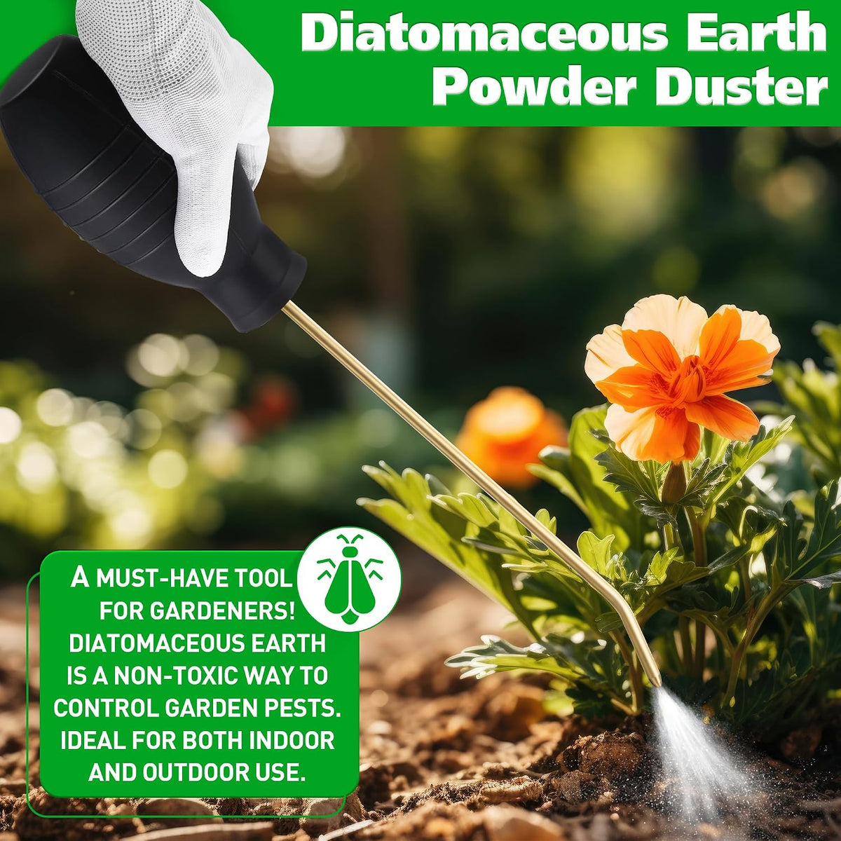 14OZ Diatomaceous Earth Powder Duster, Bulb Sprayer Insect Duster, Garden Powder Applicator Dispenser with Long Metal Tube for Home Organic Gardening Agricultural Supply