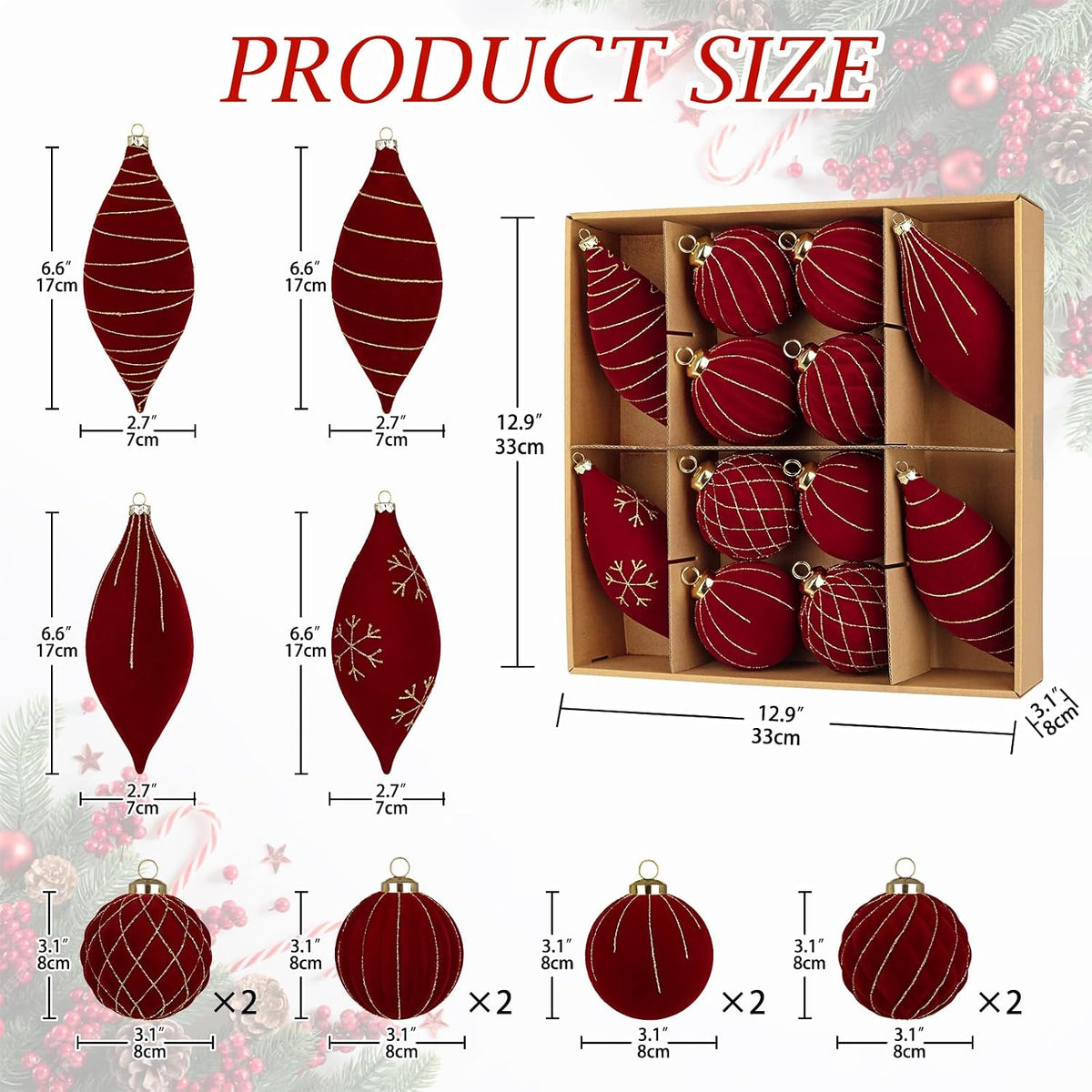 12PCS Velvet Christmas Ornaments Balls 3.15/6.6 Inch Flocked Ornament Sets Glitter Balls for Xmas Hanging Ornaments Decoration Wedding Party Holiday Decor - Classic Red