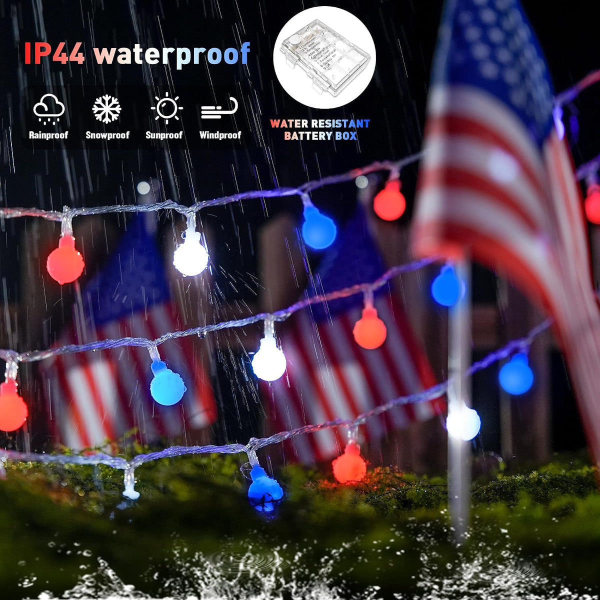 JMEXSUSS 33ft 100 LED Red White and Blue Lights Battery Operated