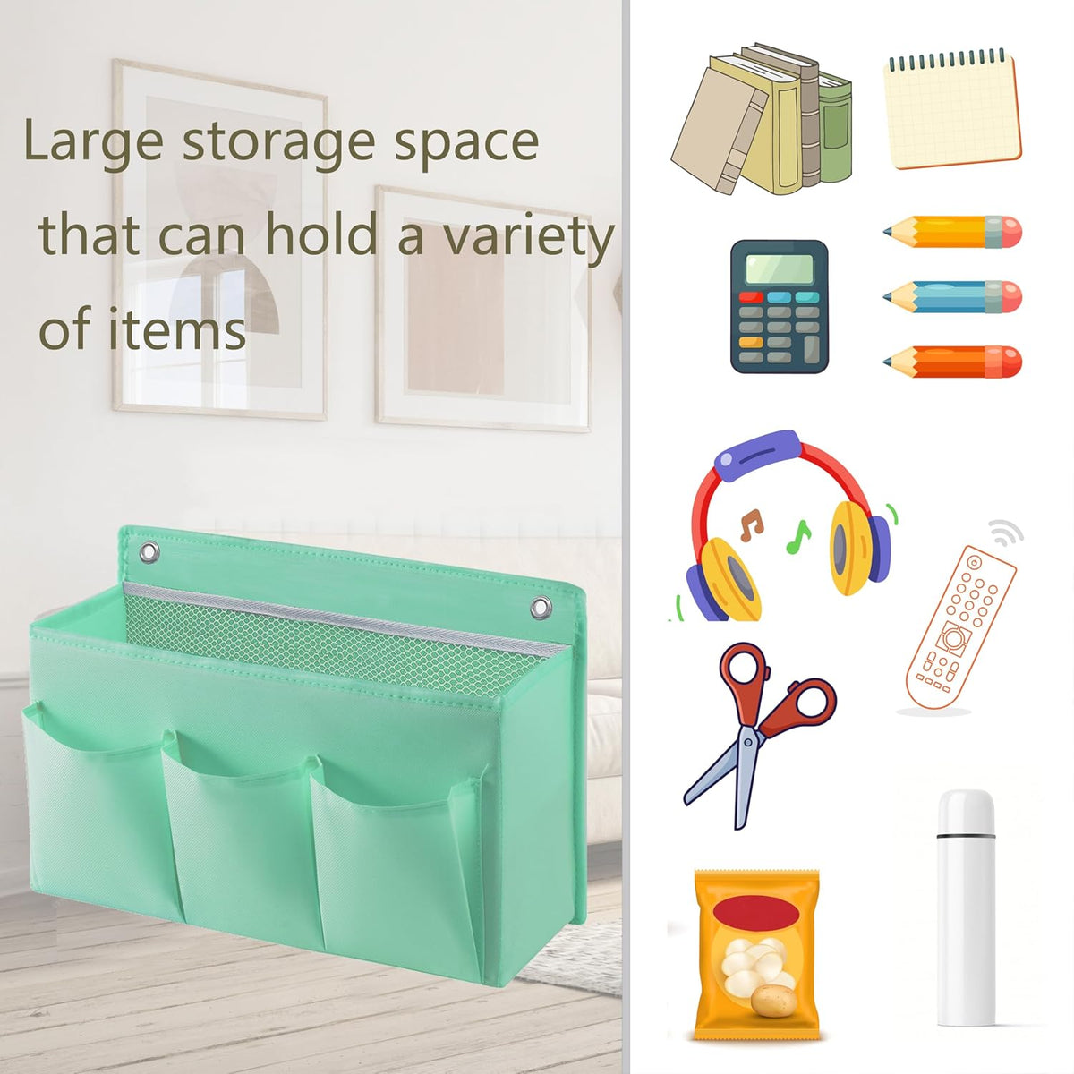 2-Pack Hanging Storage Baskets - Wall Organizer with 3 Pockets for Home/Dorm/Closet/Door, Multi-Purpose Space Saver for Office/Bathroom/Nursery - Foldable Fabric Organizer (Green)