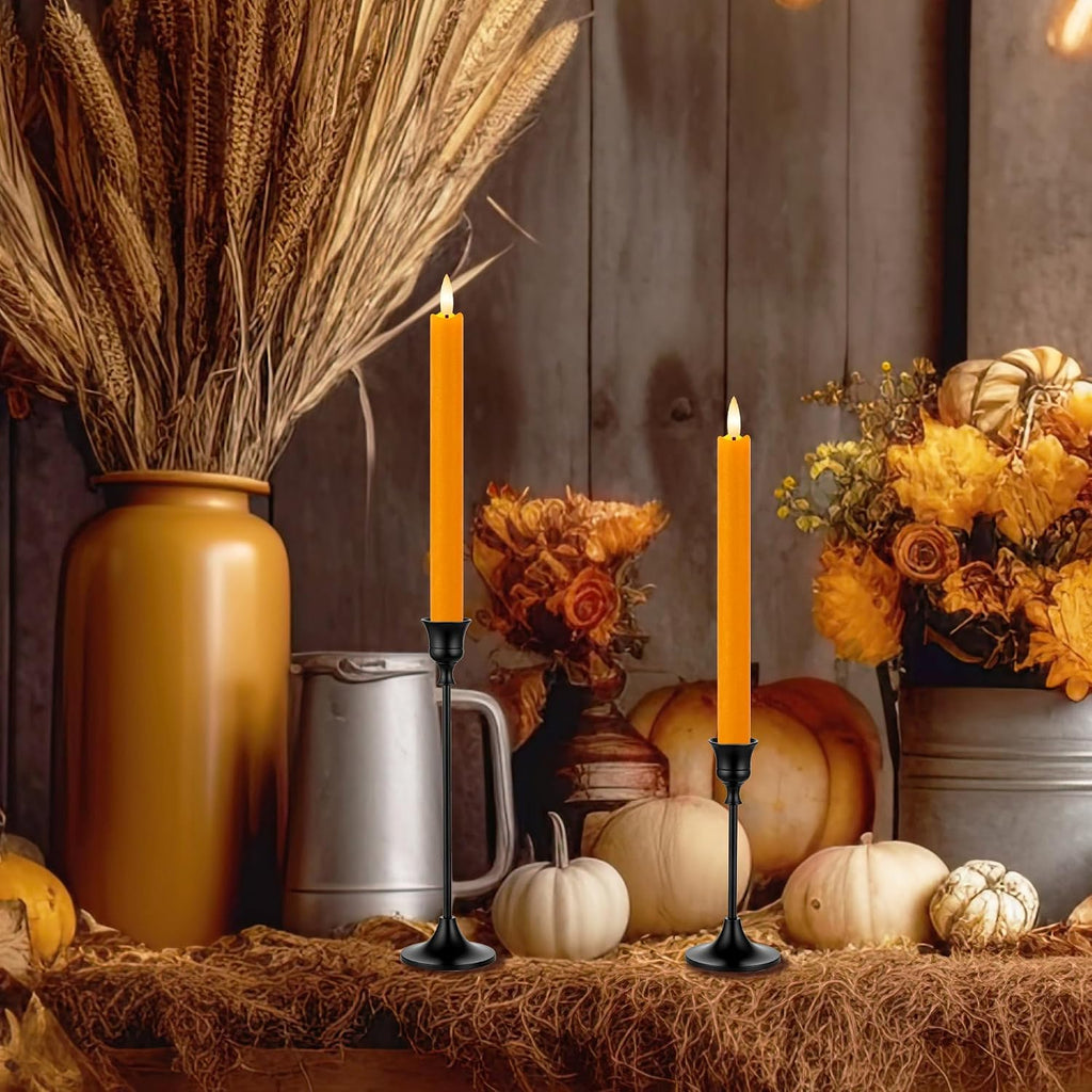 6 Pack Orange Flameless Taper Candles with Remote&Timer, Thanksgiving Battery Operated Candles with Flickering Wick, Fall Candlestick Harvest and Thanksgiving for Home Decor