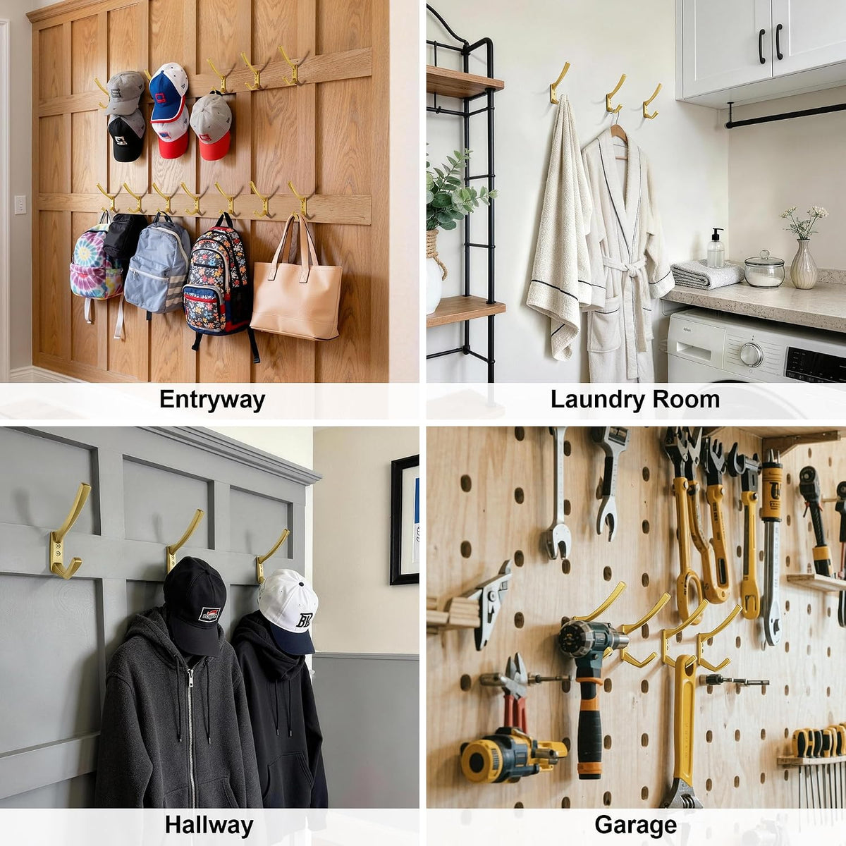 Heavy Duty Wall Hooks, 5 Inch Large Wall Mount Hooks for Hanging Heavy Backpacks, School Bags, Winter Coat, Handbags, Purses in Entryway, Hallway, Garage, Bathroom, Laundry (6, Gold)