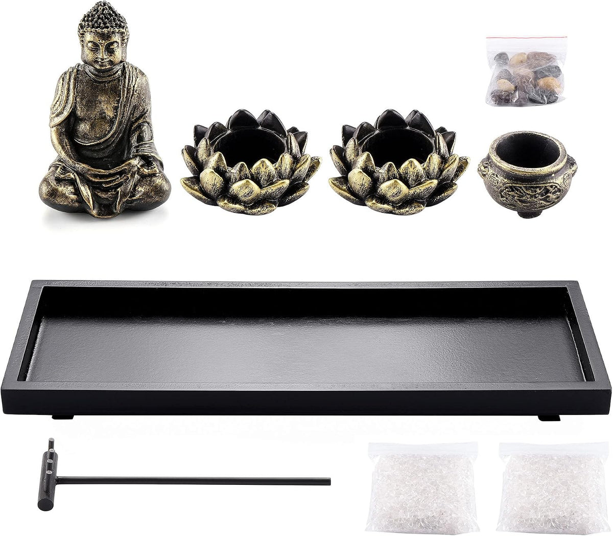 Jovivi Zen Garden Set Buddha Statue 2 Lotus Tealight Candle Holders