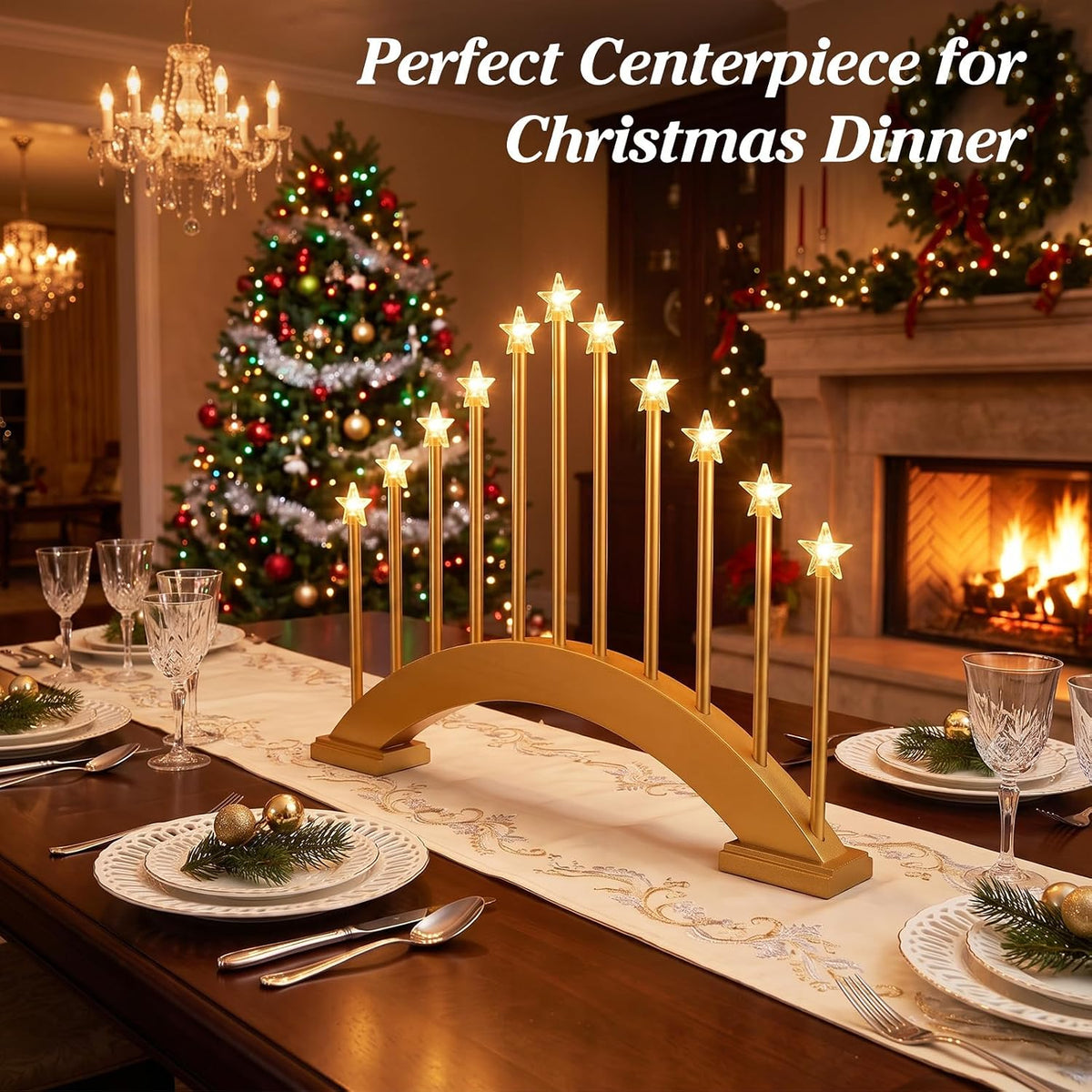 Lewondr Christmas Swedish Candelabra, 11 Flameless Taper Candles, Gold
