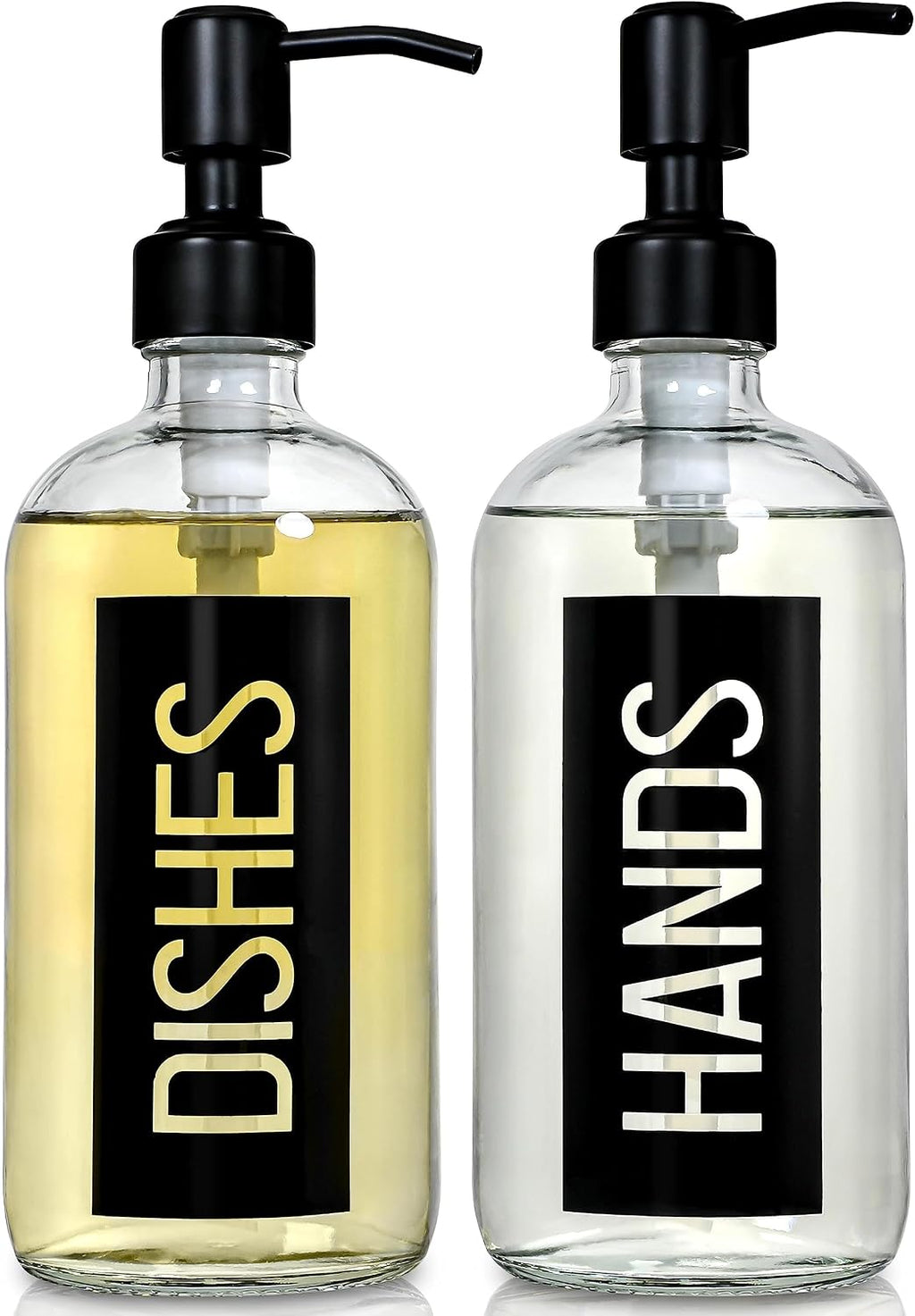 JASAI 2Pack 18OZ Glass Soap Dispenser with Black Hand & Dish Printed Label