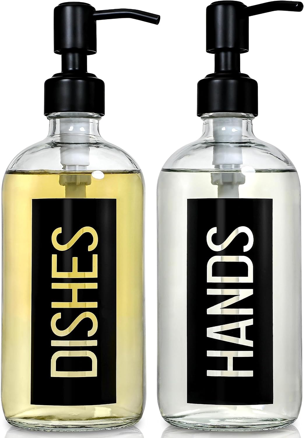 JASAI 2Pack 18OZ Glass Soap Dispenser with Black Hand & Dish Printed Label
