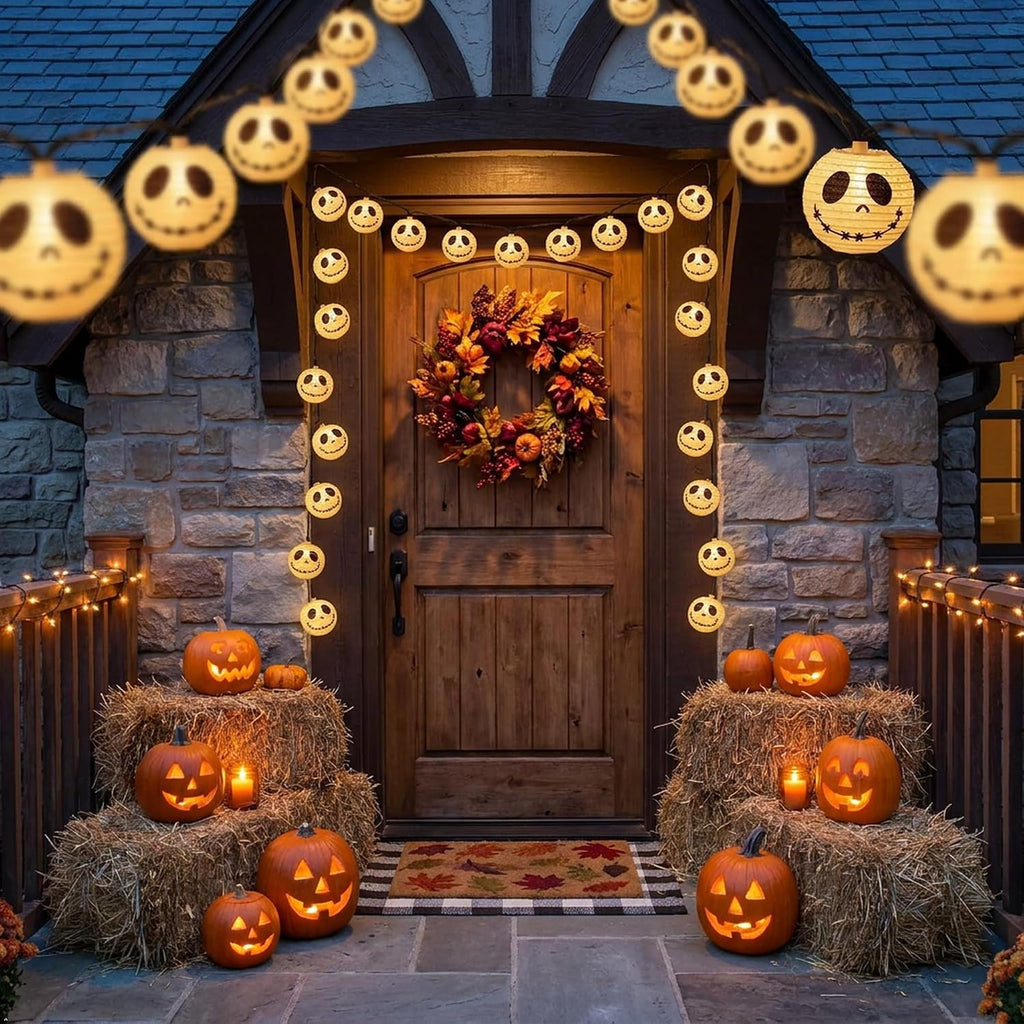 Brillarlights Halloween Decorations Ghost Lantern String Lights Plug in, 10 Pack White Ghost Lights with Black Cord, Halloween Spooky Lights Outdoor for Porch,Garden,Mantel Decor
