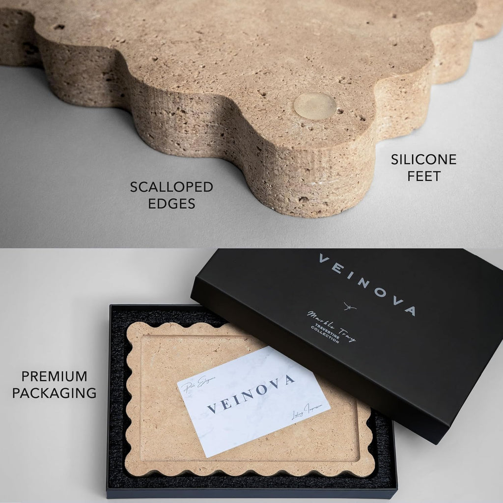 Scalloped Travertine Tray, Elegant Decorative Natural Marble Tray for Vanity, Bathroom, Kitchen and Home Decor, Pure Natural Stone, Premium Packaging, Large (12"x 8")