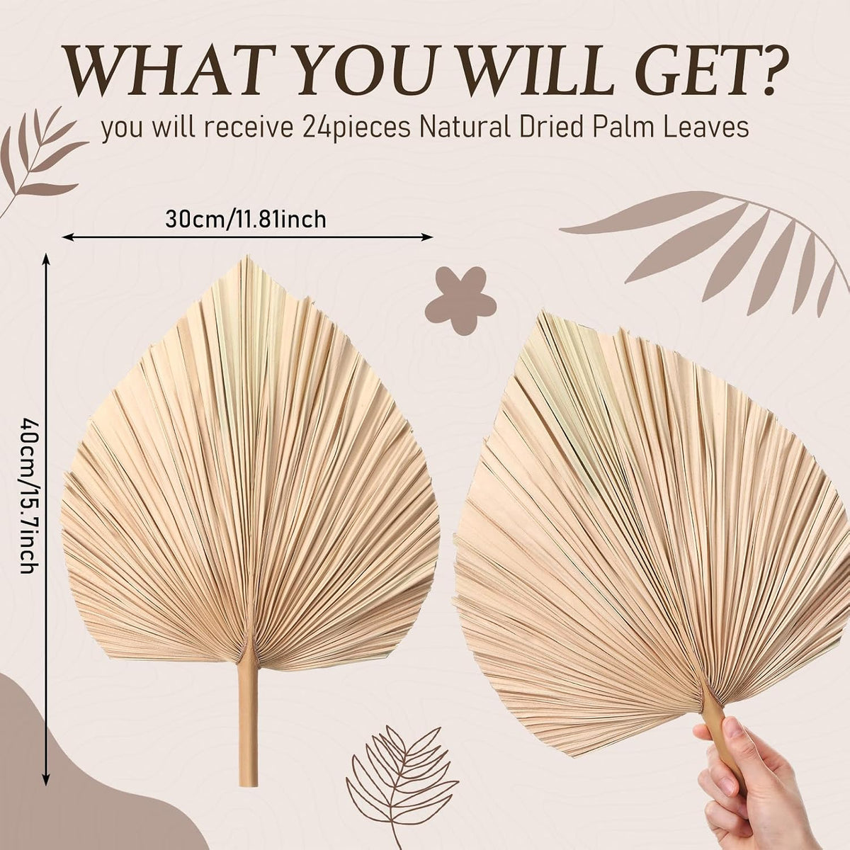 Novabright 24 Pcs Dried Palm Leaves Artificial 15.7" Large Boho Trimmed Spear Tropical Palm Leaves Fans for Boho Wedding Decor Hawaiian Luau Party Kitchen Farmhouse Table Flowers Arrangements