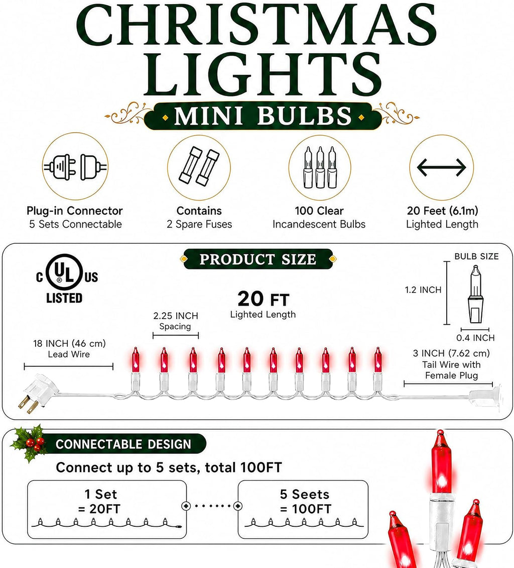 TW SHINE Christmas String Lights, 20FT 100 Count Incandescent White Wire Christmas Mini Lights, Waterproof Xmas String Lights for Outdoor Indoor Home Party Yard Decorations, Red