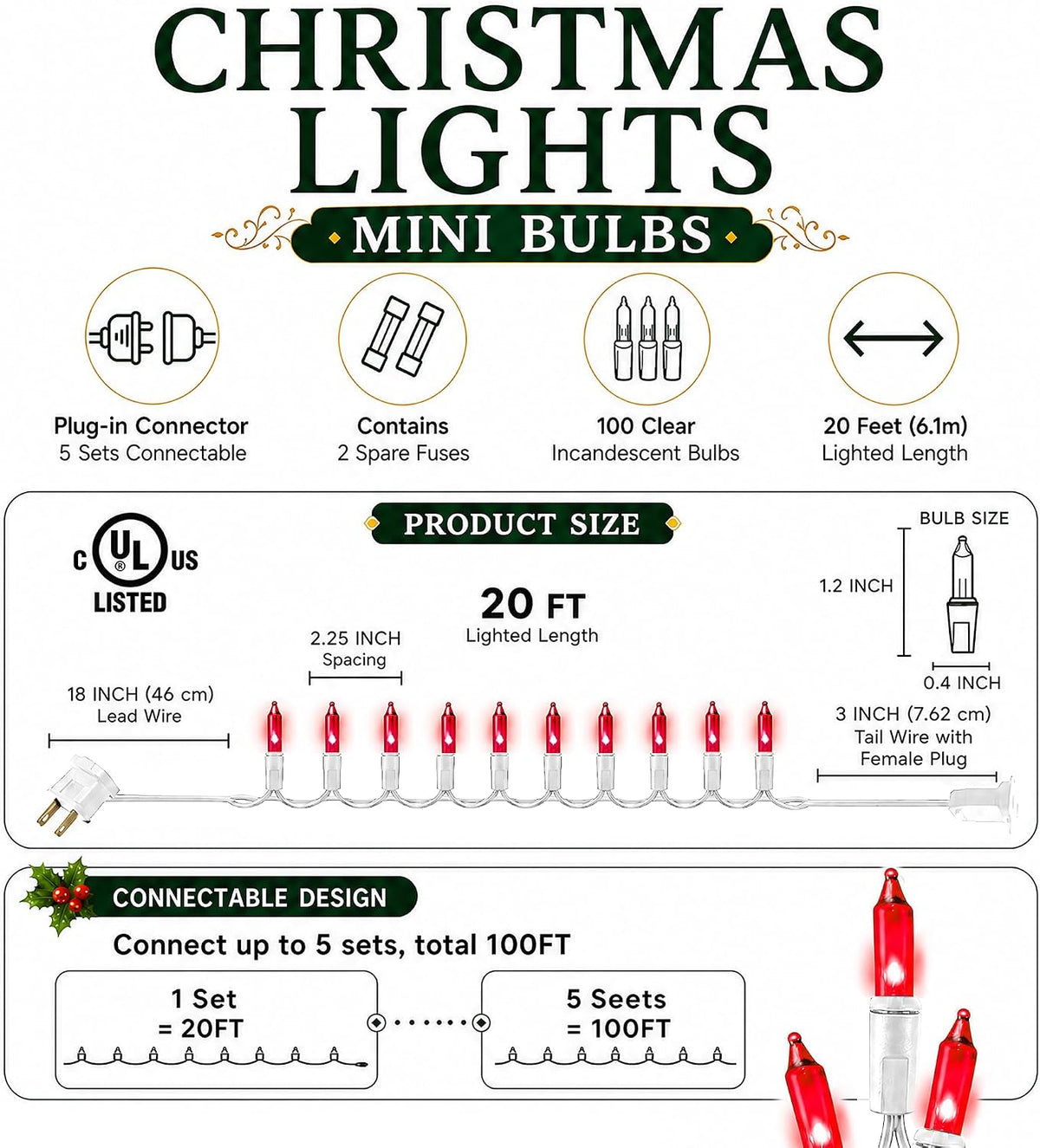 TW SHINE Christmas String Lights, 20FT 100 Count Incandescent White Wire Christmas Mini Lights, Waterproof Xmas String Lights for Outdoor Indoor Home Party Yard Decorations, Red