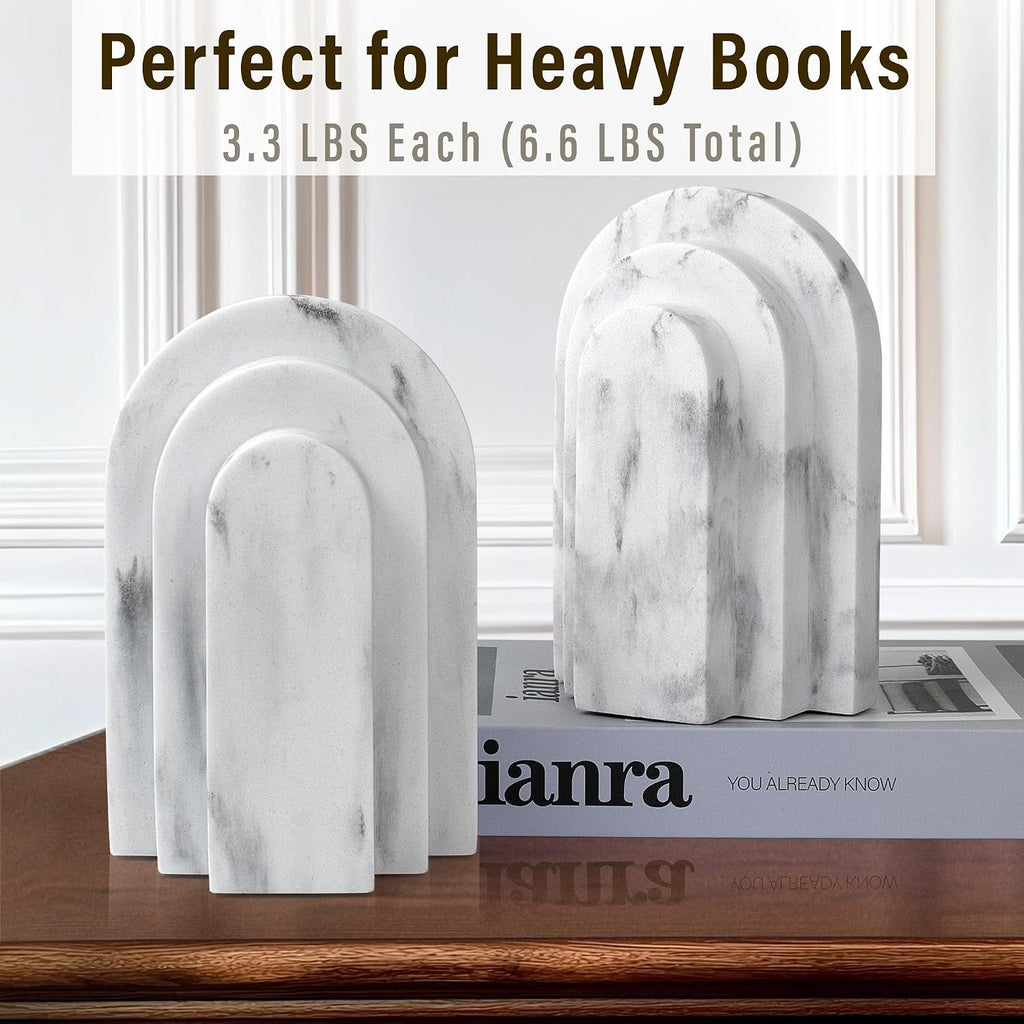LIN CHUAN Heavy Duty Bookends for Shelves, Set of 2, Marble White Look