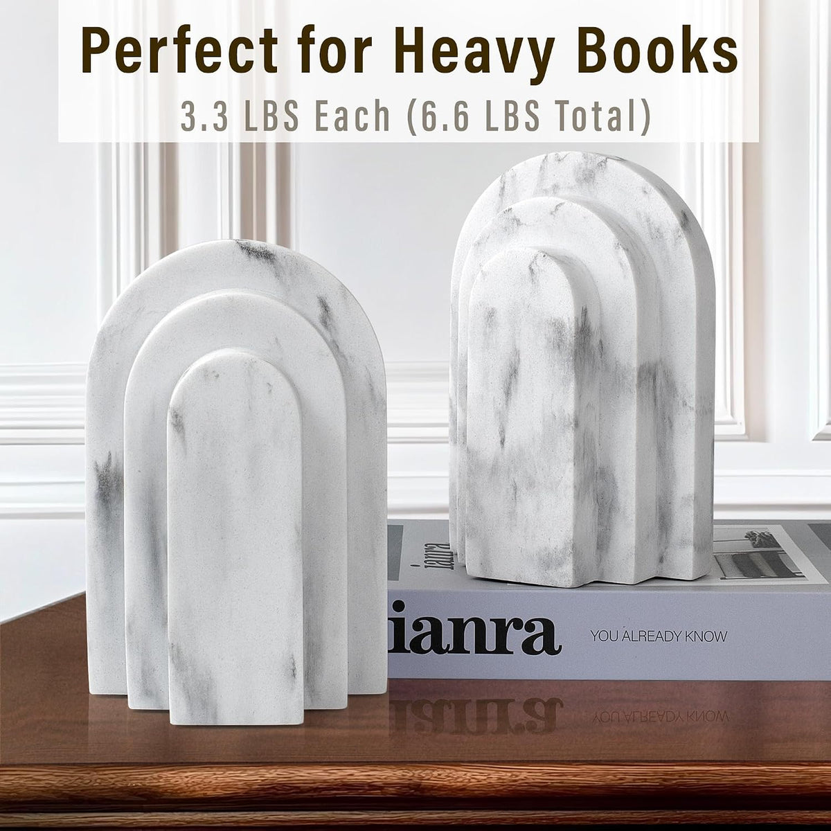 LIN CHUAN Heavy Duty Bookends for Shelves, Set of 2, Marble White Look