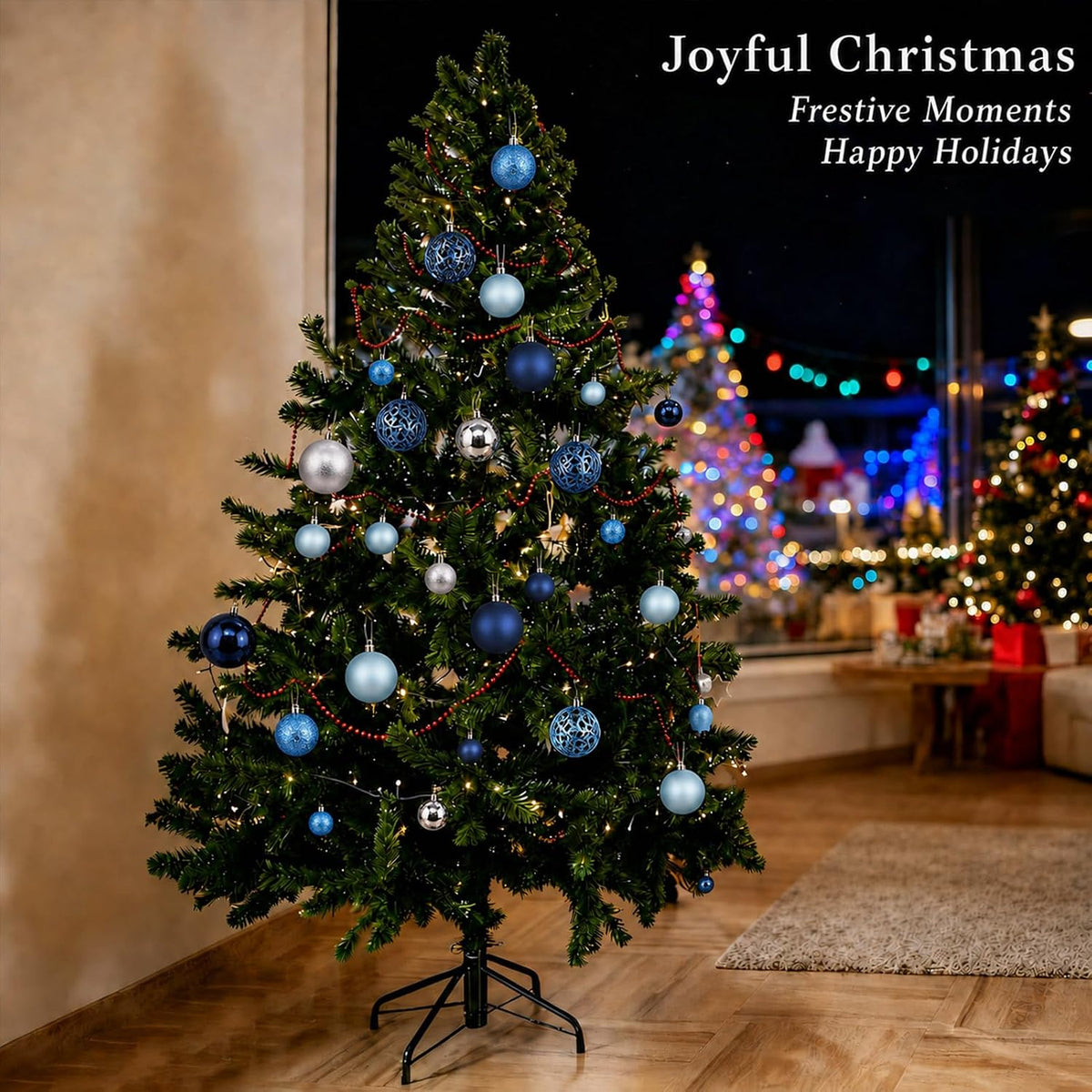 Christmas Balls Tree Ornaments Set, Shatterproof Xmas Decorations Set with Reusable Hand-held Gift Package for Holiday Indoor Tree Decor (100, Dark Blue, Sky Blue & Silver)