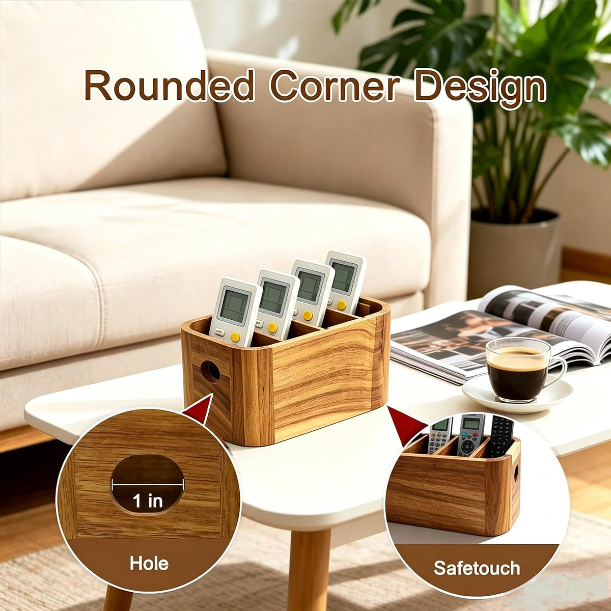 Acacia Wood Remote Control Holder, TV Remote Holder - 4 Compartment Remote Control Storage Organizer, Small Wooden Desktop Caddy for Coffee Table, Nightstand, Living Room, Office, Vanity