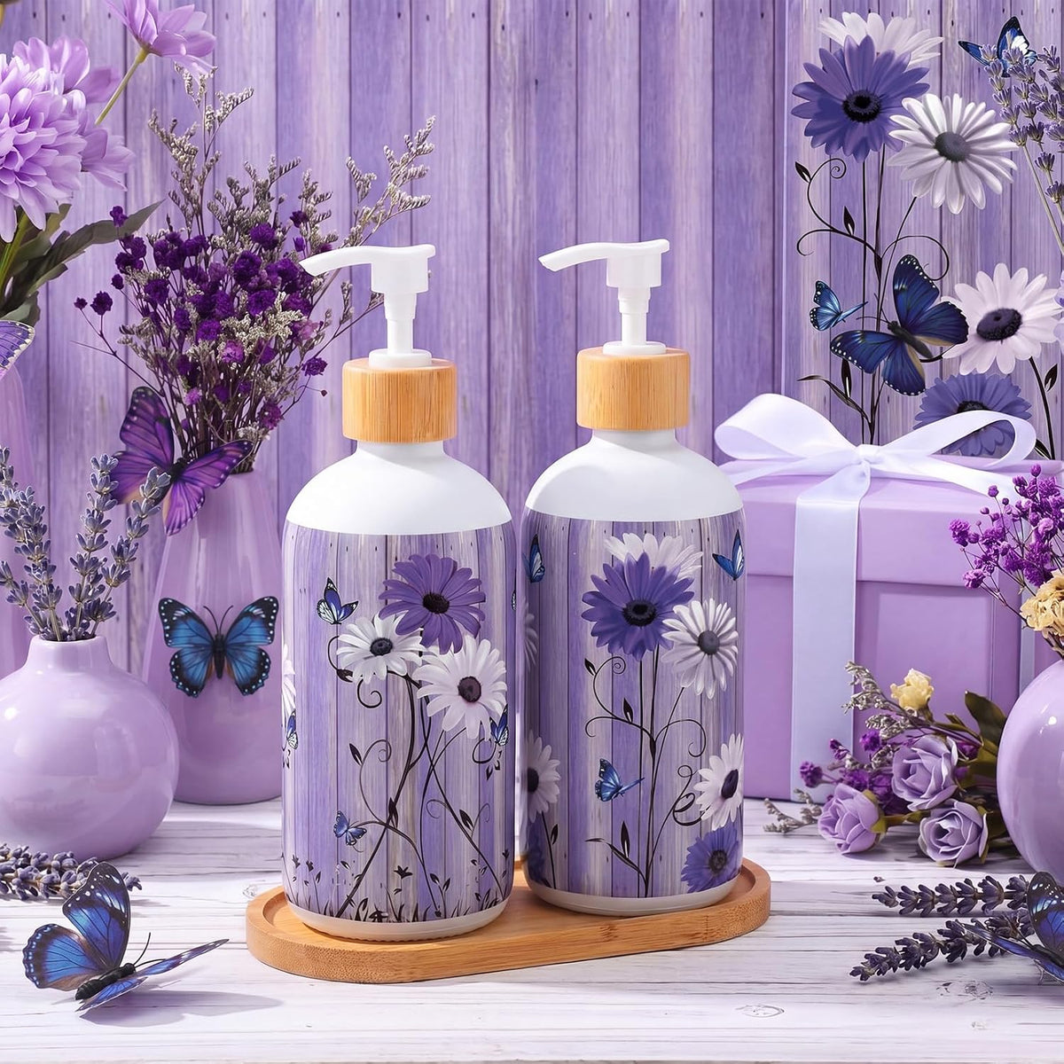 Potchen 2 Pack Glass Soap Dispenser Set Bathroom Decor Housewarming Gift Glass Soap Dispenser with Pump Wood Tray Home Decoration for Kitchen Bathroom (Purple Daisy)
