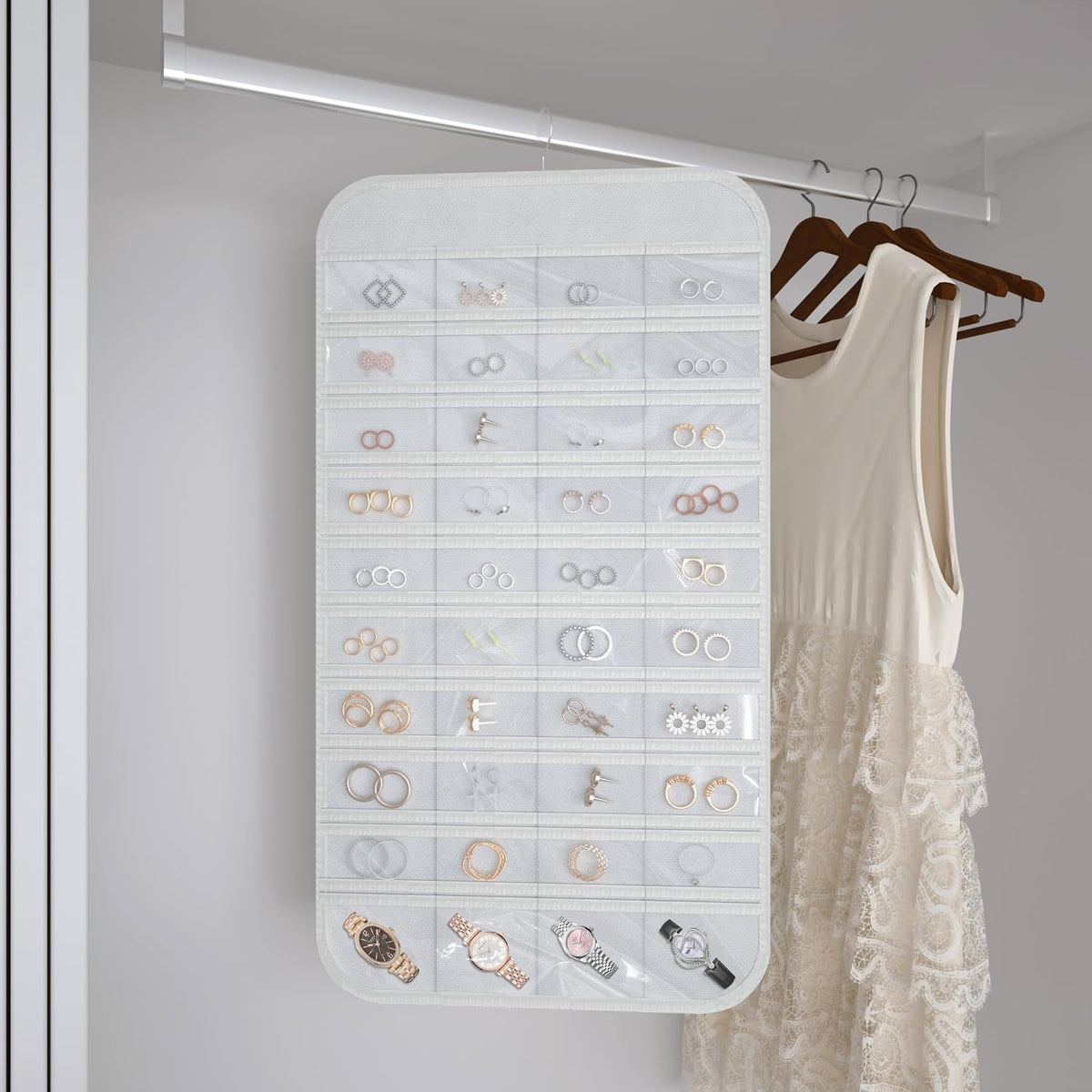 Double-Sided Hanging Jewelry Organizer for Necklaces Earrings, 2-Pack White