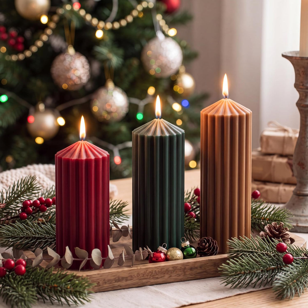Mtlee 3 Pack Christmas Ribbed Pillar Candles, Burgundy, Forest Green, Brown