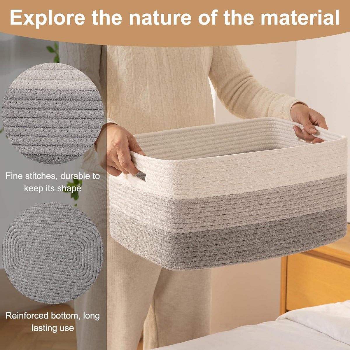 OIASKET Large Storage Basket for Organizing, Woven Rope Basket for Shelves, Closet Organizer Bins for Clothes, Blanket, Toys, Baby Nursery Storage, 17.7" x 13" x 7.87", 2 Packs Gradient Grey