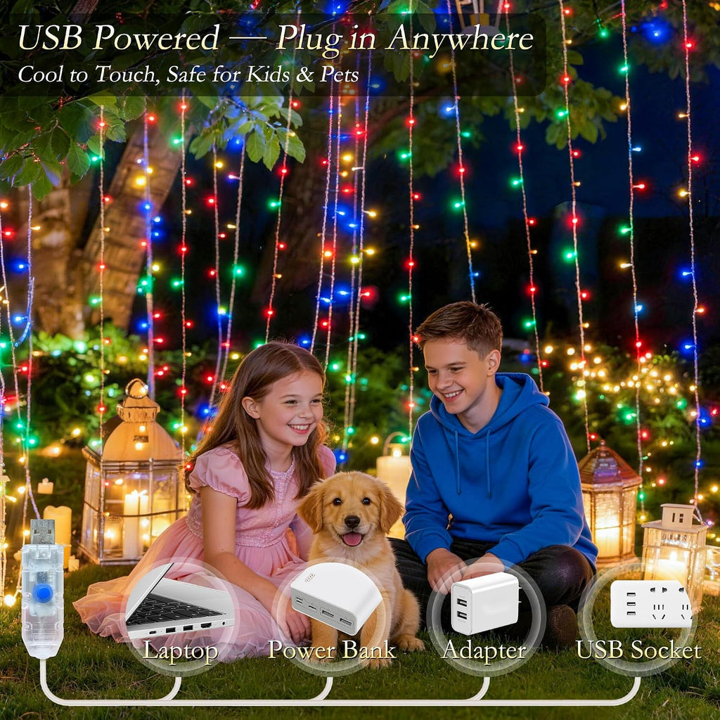Curtain String Lights 300LED 9.8x9.8FT, Multicolor, IP44, 9.8FT Lead