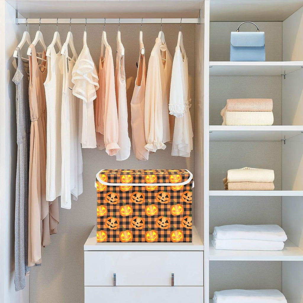 CaTaKu Large Fabric Storage Bins With Lids, Halloween Pumpkin Plaid Storage Boxes With Handles for Organizing Clothes, Collapsible Storage Cube Bins Baskets for Shelves