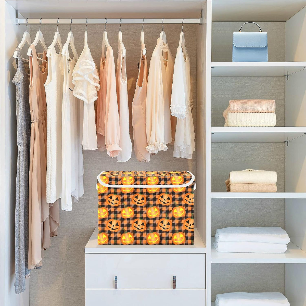 CaTaKu Large Fabric Storage Bins With Lids, Halloween Pumpkin Plaid Storage Boxes With Handles for Organizing Clothes, Collapsible Storage Cube Bins Baskets for Shelves