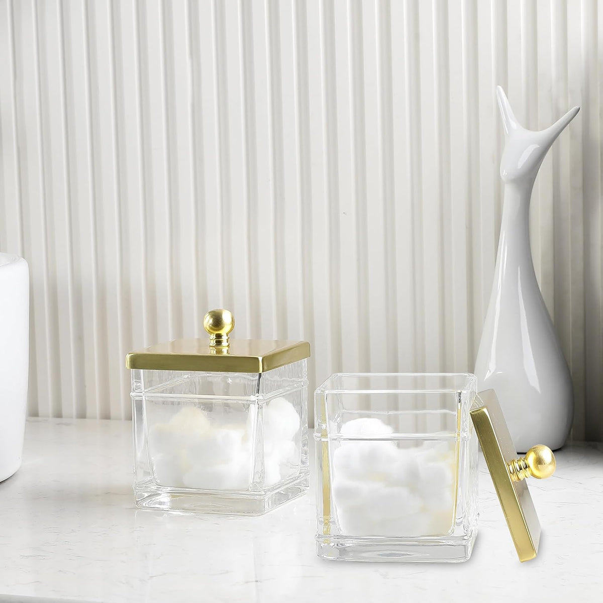 Glass Cotton Jar Holder 2 Pack– Brushed Gold Lid, Elegant Bathroom Storage Canister for Qtips, Cotton Balls, Floss, Makeup Organizer, Vanity & Bathroom Organization