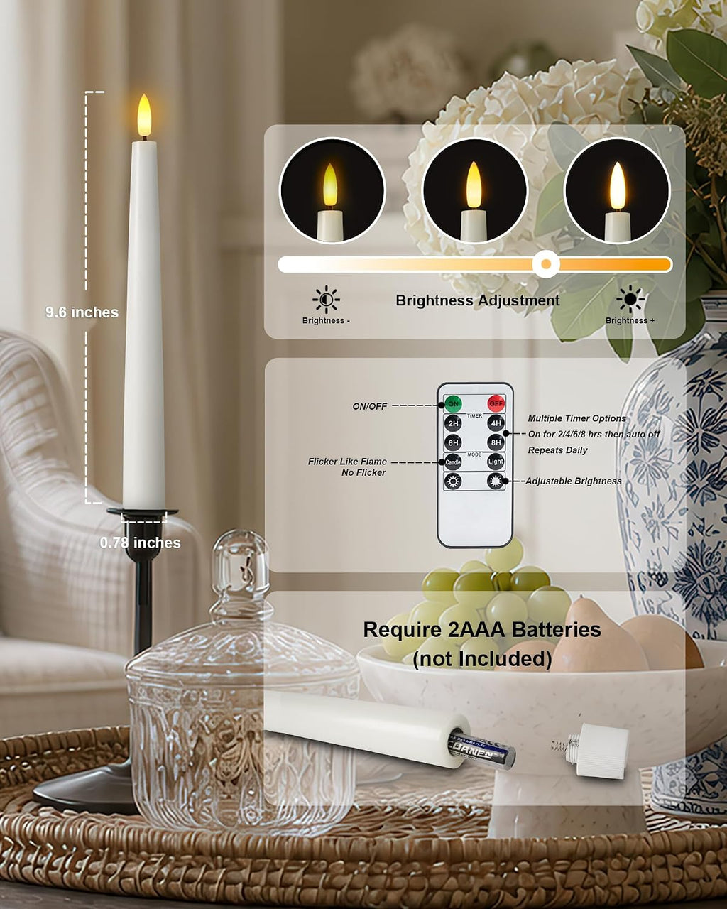 Homemory 9.6 Inches Waxy Flameless Taper Candles with Remote Timer Dimmer, Flickering LED Candlesticks, Battery Operated Window Candle for Christmas Wedding Decor, 6 Pcs White Classic Taper Candles