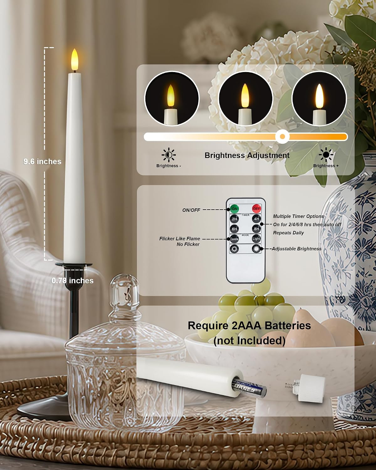 Homemory 9.6 Inches Waxy Flameless Taper Candles with Remote Timer Dimmer, Flickering LED Candlesticks, Battery Operated Window Candle for Christmas Wedding Decor, 6 Pcs White Classic Taper Candles