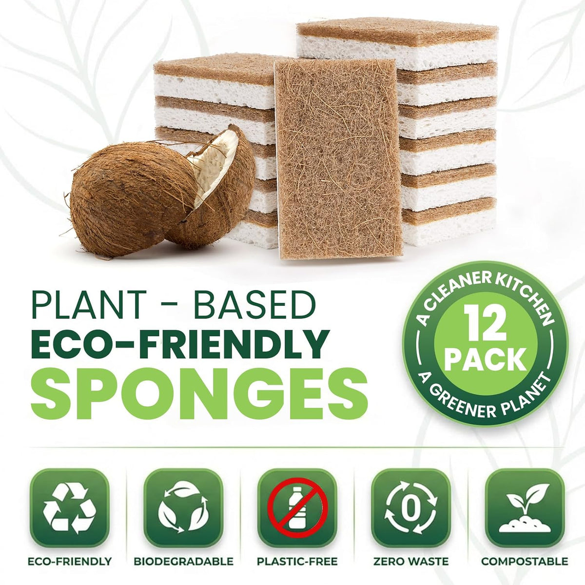 Metflavor Kitchen Sponges, 12 Count, Natural Sponge with Coconut Scrubber