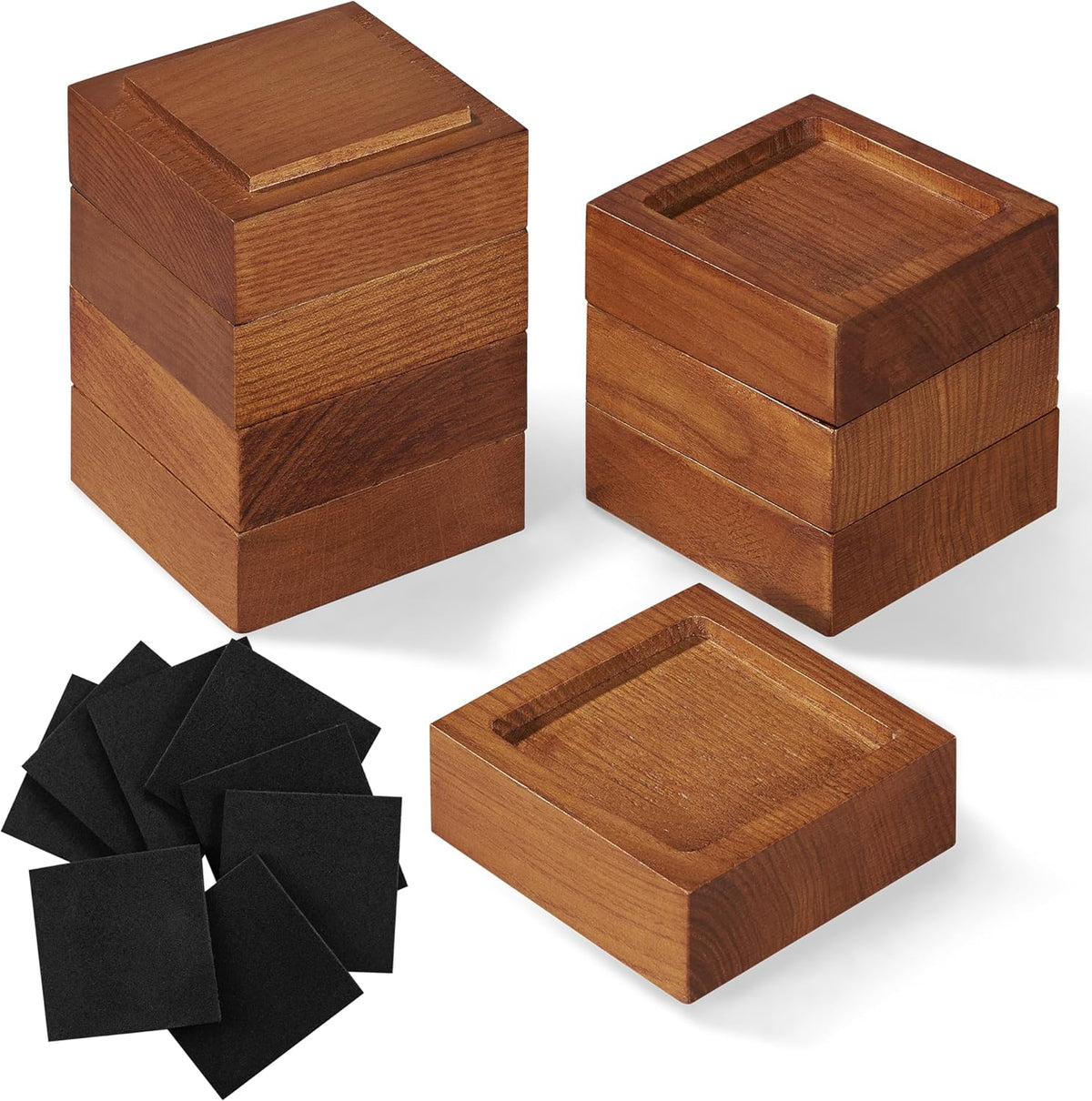 Bed Risers, Furniture Risers (Set of 8-Height 1") Can be Adjusted to 2'' 3''or 4'', Lifts Furniture Risers, Solid Natural Wood Risers, Non-Slip Recessed Hole (Square-Light Brown Color)
