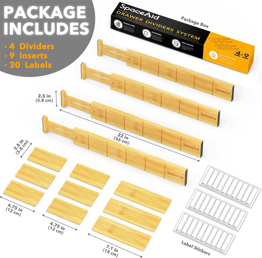 SpaceAid Bamboo Drawer Dividers with Inserts and Labels, 4 Dividers with 9 Inserts (17-22 in), Bag Storage Organizer (4 Pack)